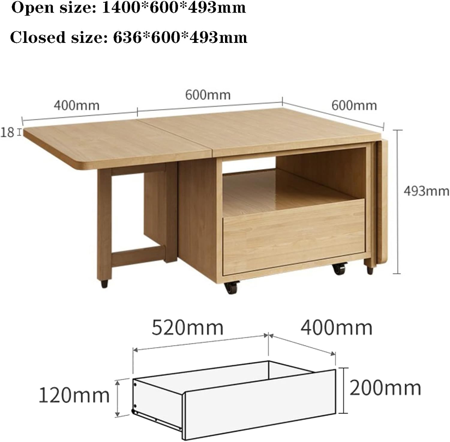 Folding Coffee Table with Rollers, Solid Wood Drop-Leaf Design Z606