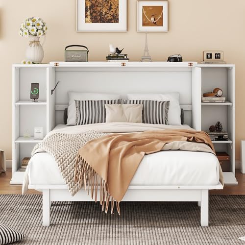 Queen Size Murphy Bed with Shelves and Storage Drawers, Wood Wall Bed Cube Bed Frame with USB Ports for Home Office, Small Room, Apartments, Guest Rooms, Bedroom, Furniture (White, Queen)