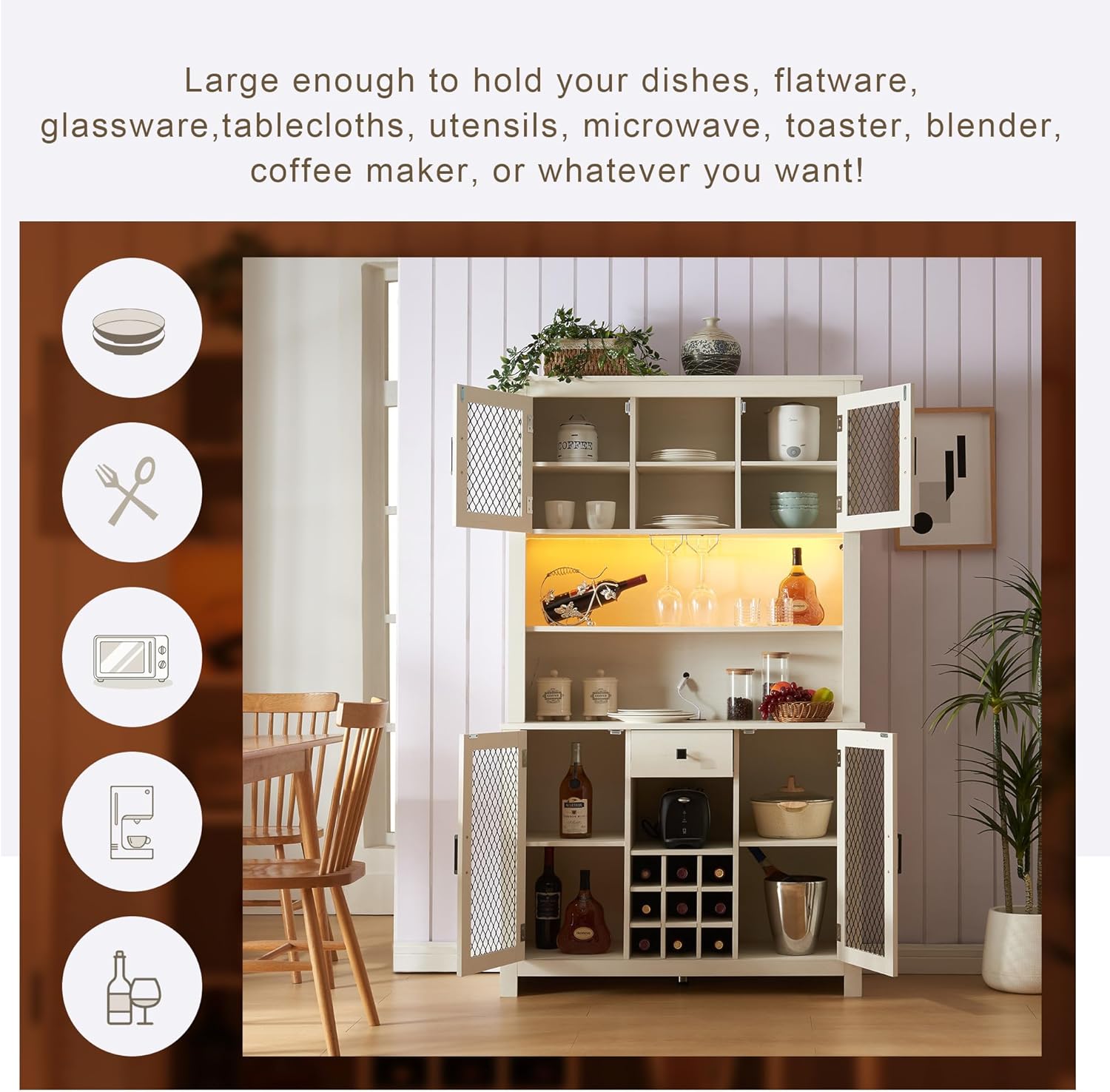 70" Rustic Sideboard Buffet with LED, Outlets and Wine Rack X99871