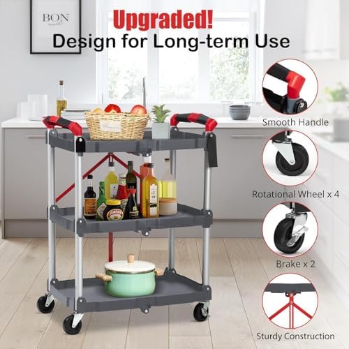 Foldable Utility Cart with Wheels, 3-Tier T7334