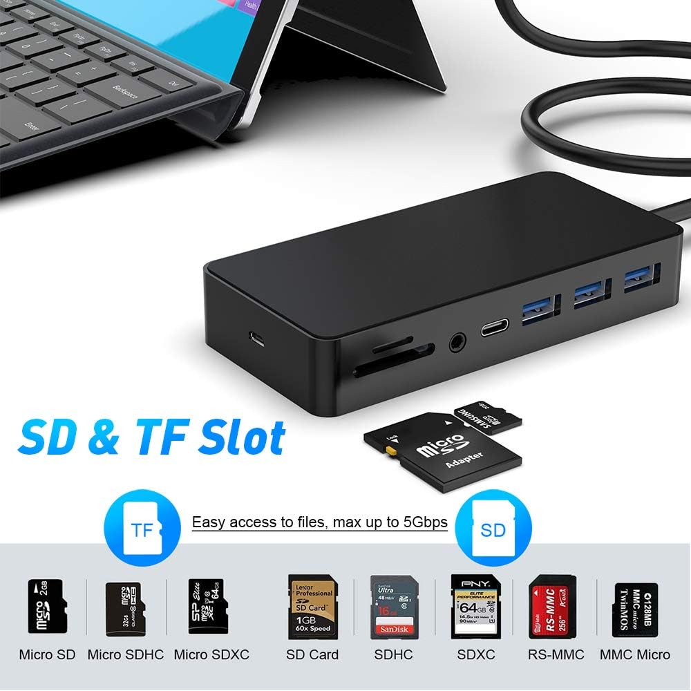 Surface Pro Dock Station Dual Monitor with HDMI, VGA, USB, RJ45, USB-C, SD Slot, and Audio R48420