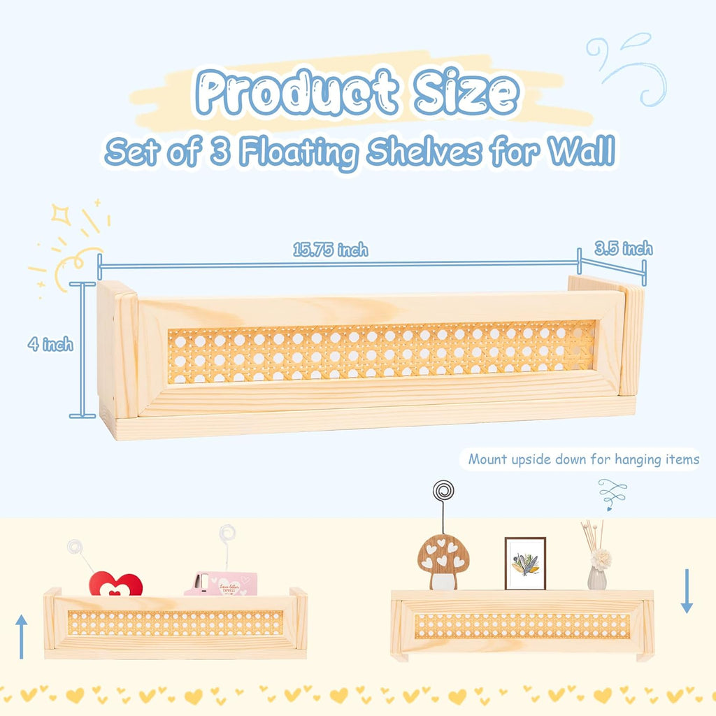 Rattan Wall Shelf Set of 3, Boho Hanging Bookshelves for Kids Room and Nursery U512