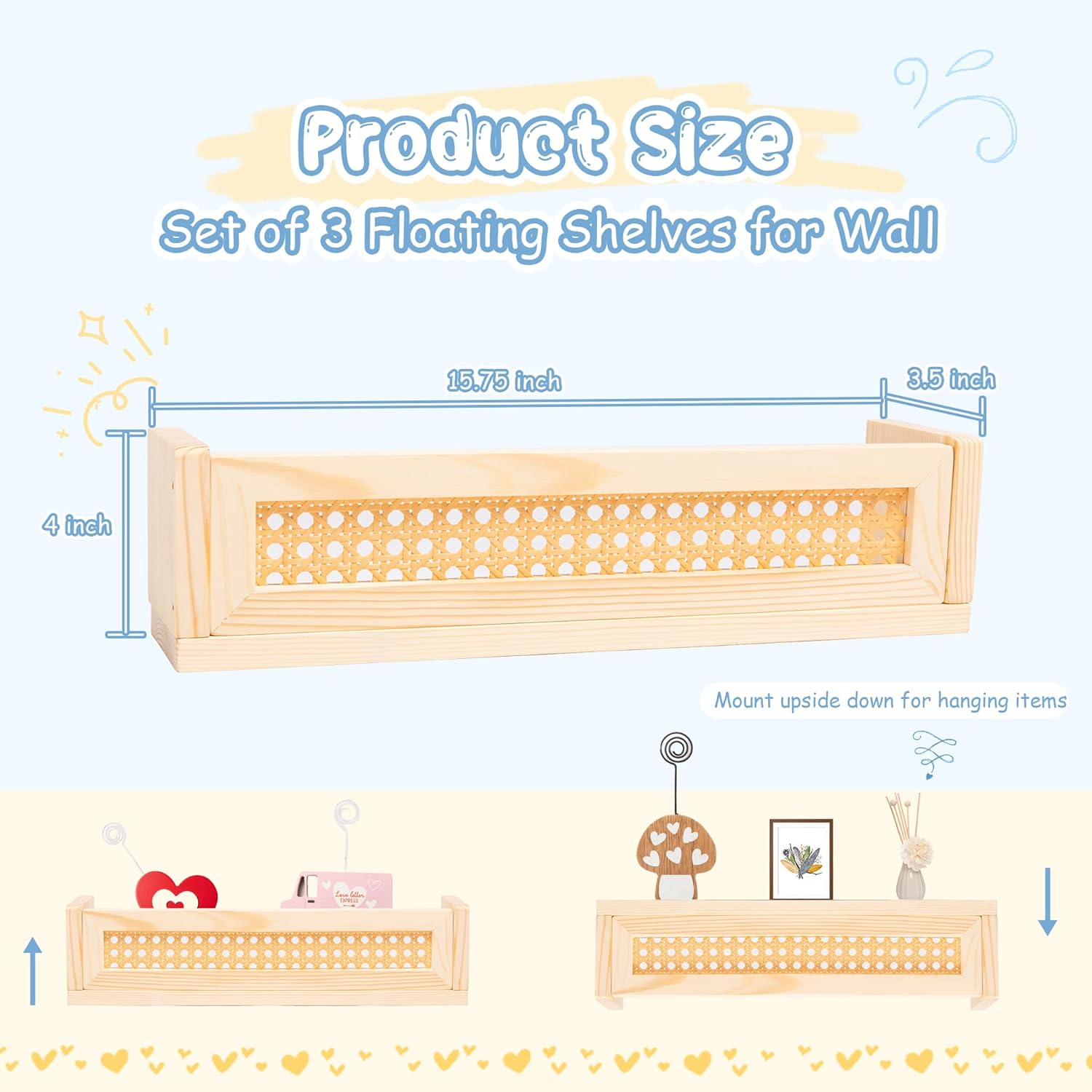 Rattan Wall Shelf Set of 3, Boho Hanging Bookshelves for Kids Room and Nursery U512