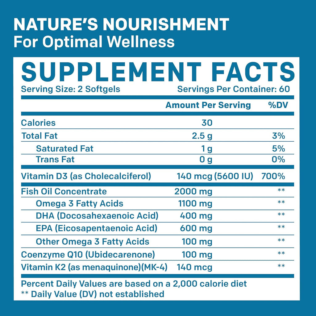 Omega 3 Fish Oil Supplements with Vitamins D3, K2 & CoQ10, Lemon Flavored, 2100mg, 120 Count A213109
