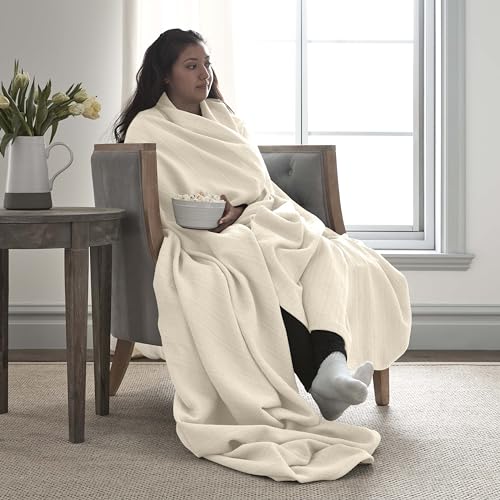 100% Cotton Blanket - Soft, Breathable, Lightweight - Twin Size, White Q462
