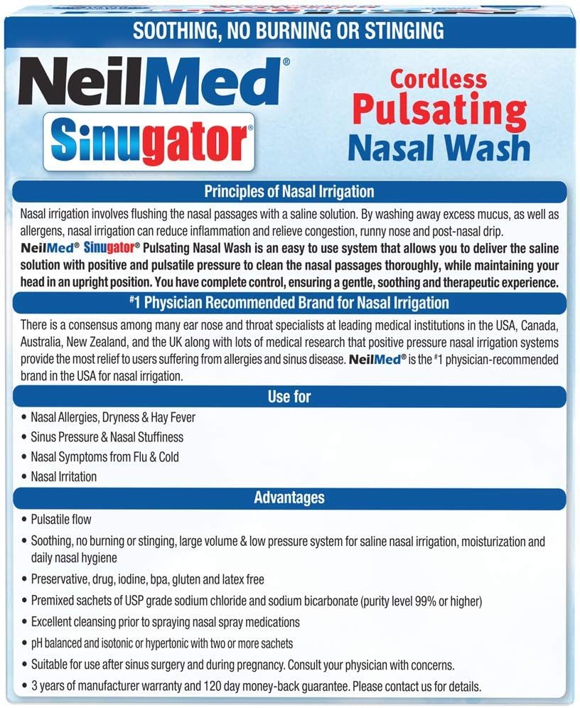 Cordless Pulsating Nasal Wash Kit with 30 Premixed Packets and 3 AA Batteries M441
