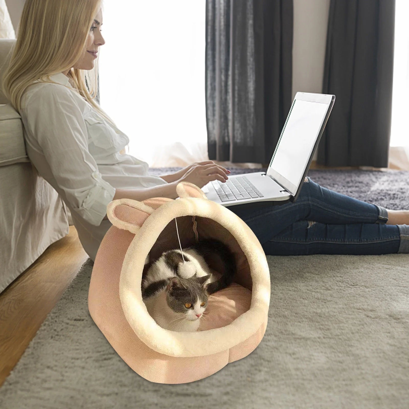 Cat Bed for Indoor Cats with Ears Cozy Cave Sleeping Cushion F94947