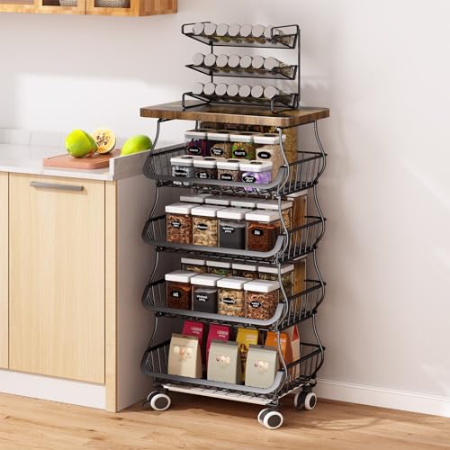 Fruit Basket for Kitchen with Wood Top 5 Tier, Stackable Storage Cart with Wheels, White R5884