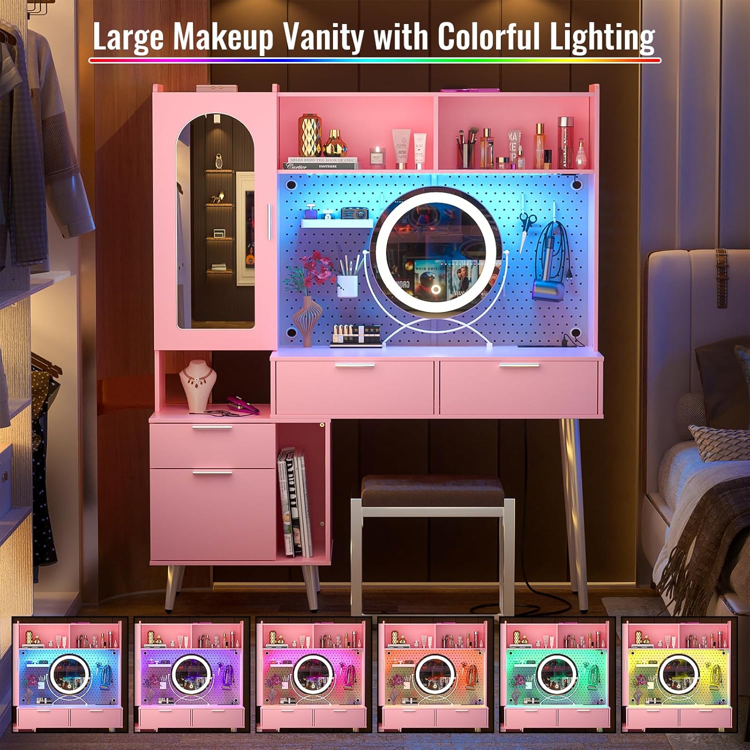 Vanity Desk with Mirror, LED Light & Charging Station, 48 Inch E133792