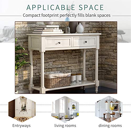 Narrow Console Table with 2 Drawers and Storage Shelf, Retro Wood Entryway Table A838