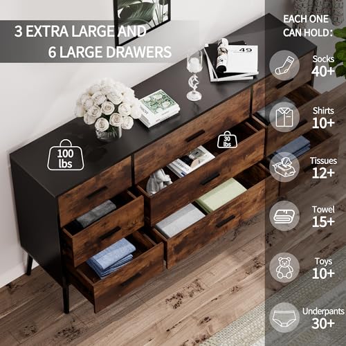 9 Drawer Dresser for Bedroom, White with Wooden Feet K8662