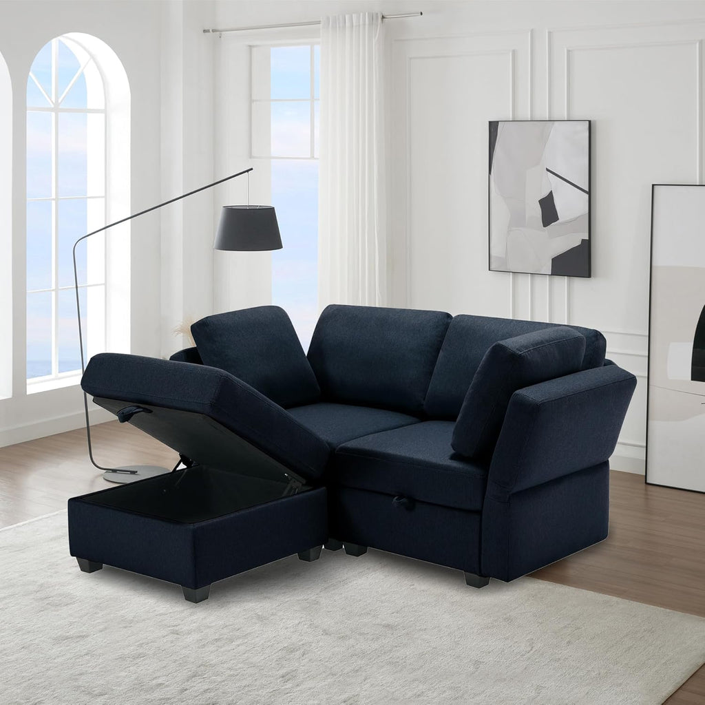 Small Sectional Sofa with Ottoman, 2 Seater with Storage - Blue N3273