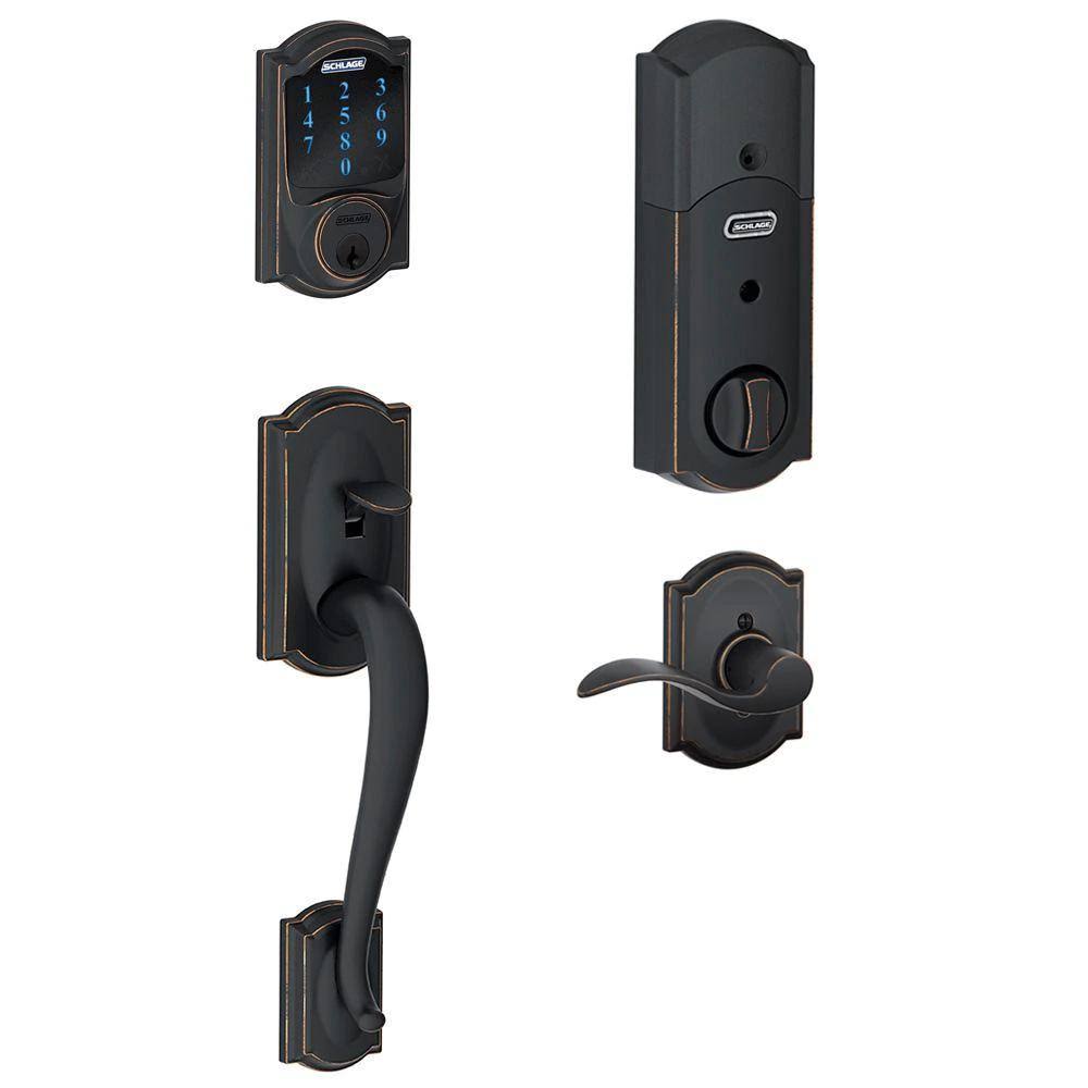 Schlage Camelot Aged Bronze Connect Z-Wave Plus Smart Deadbolt and Camelot Handleset with Accent Lever with Camelot Trim 062931