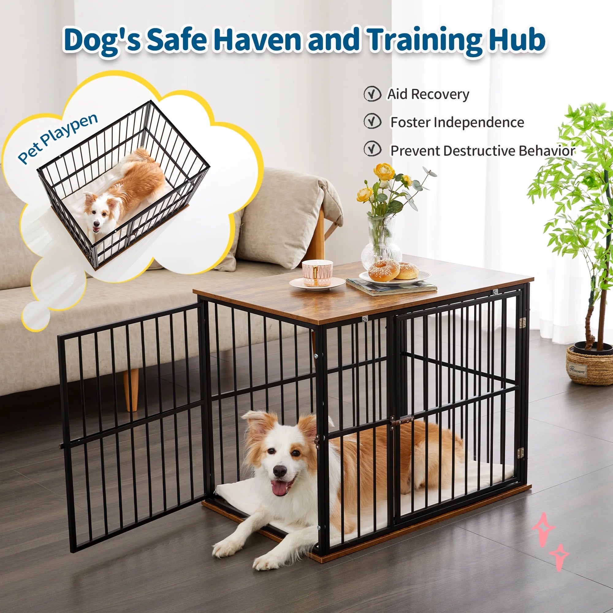 Medium Wooden Dog Crate Furniture with Washable Cushion J5452