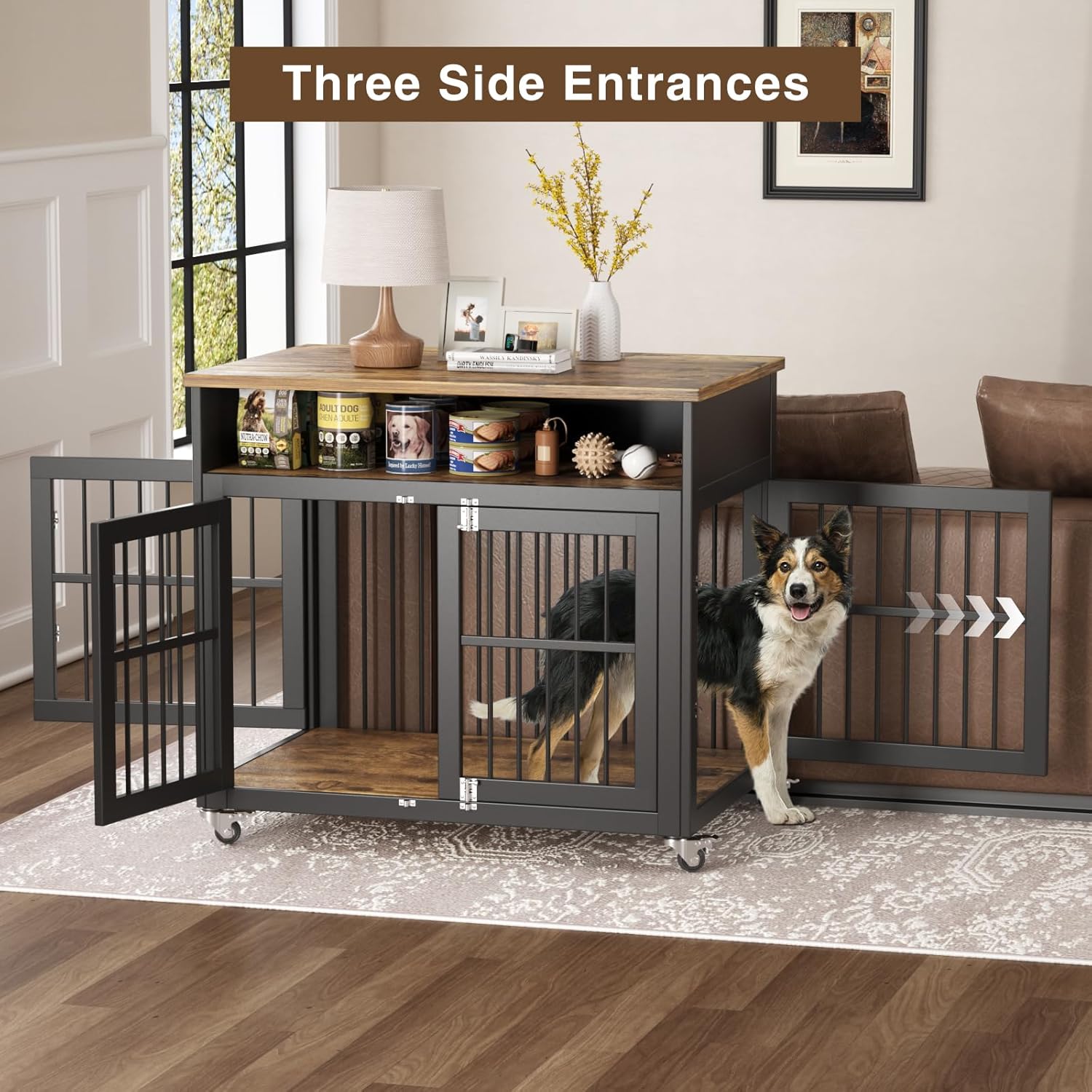 Wooden Dog Crate Indoor with Wheels for Medium and Large Dogs Y48597