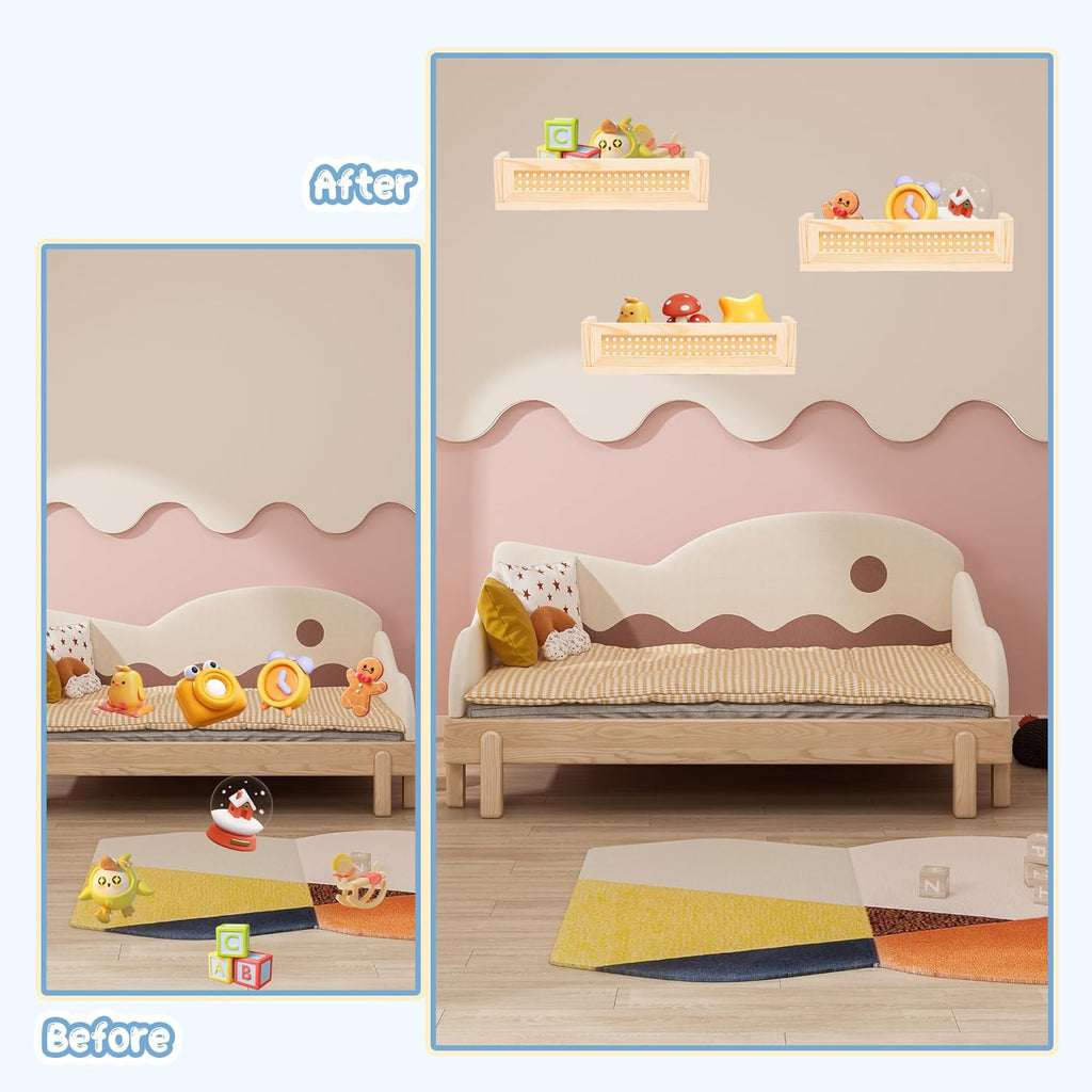 Rattan Wall Shelf Set of 3, Boho Hanging Bookshelves for Kids Room and Nursery U512