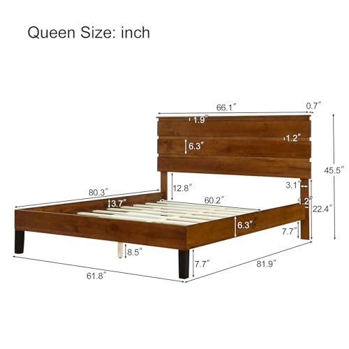 Full Size Bed Frame with Tall Headboard, Wood Platform Bed with Slats Support G6751