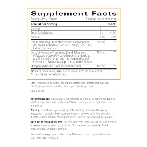 Cortisol Manager Supplement with Ashwagandha and L-Theanine for Relaxation and Sleep, 30 Tablets V327167
