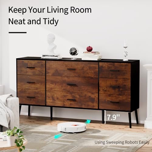 9 Drawer Dresser for Bedroom, White with Wooden Feet K8662