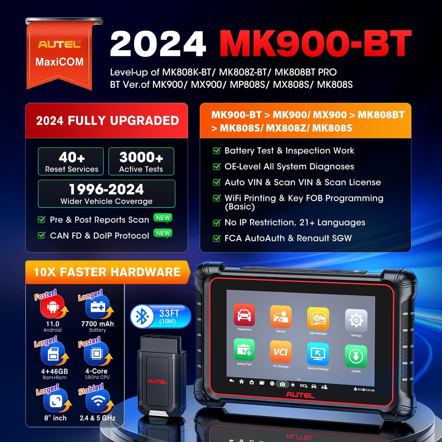 Autel Scanner MaxiCOM MK900-BT, 2024 OS 11 Bidirectional Scan Tool, 40+ Reset, CAN FD/DoIP J2698