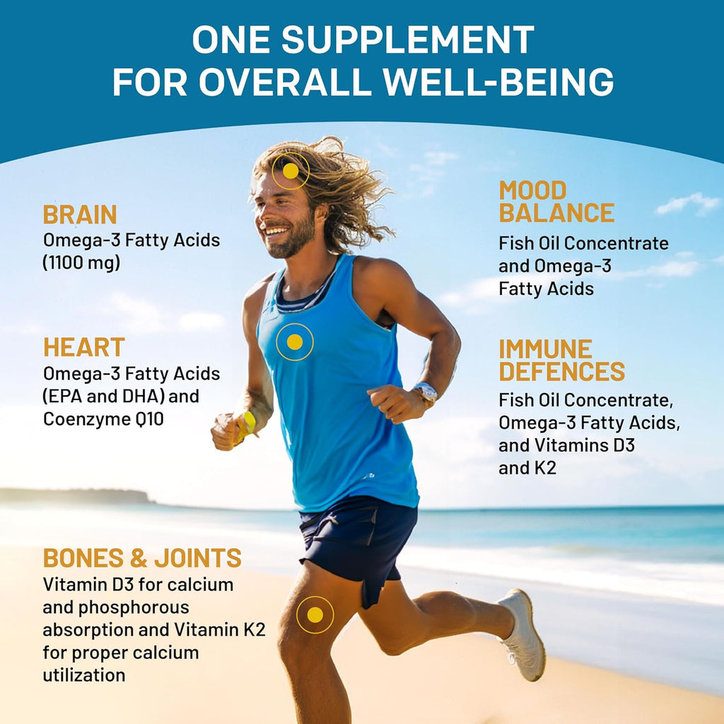 Omega 3 Fish Oil Supplements with Vitamins D3, K2 & CoQ10, Lemon Flavored, 2100mg, 120 Count A213109