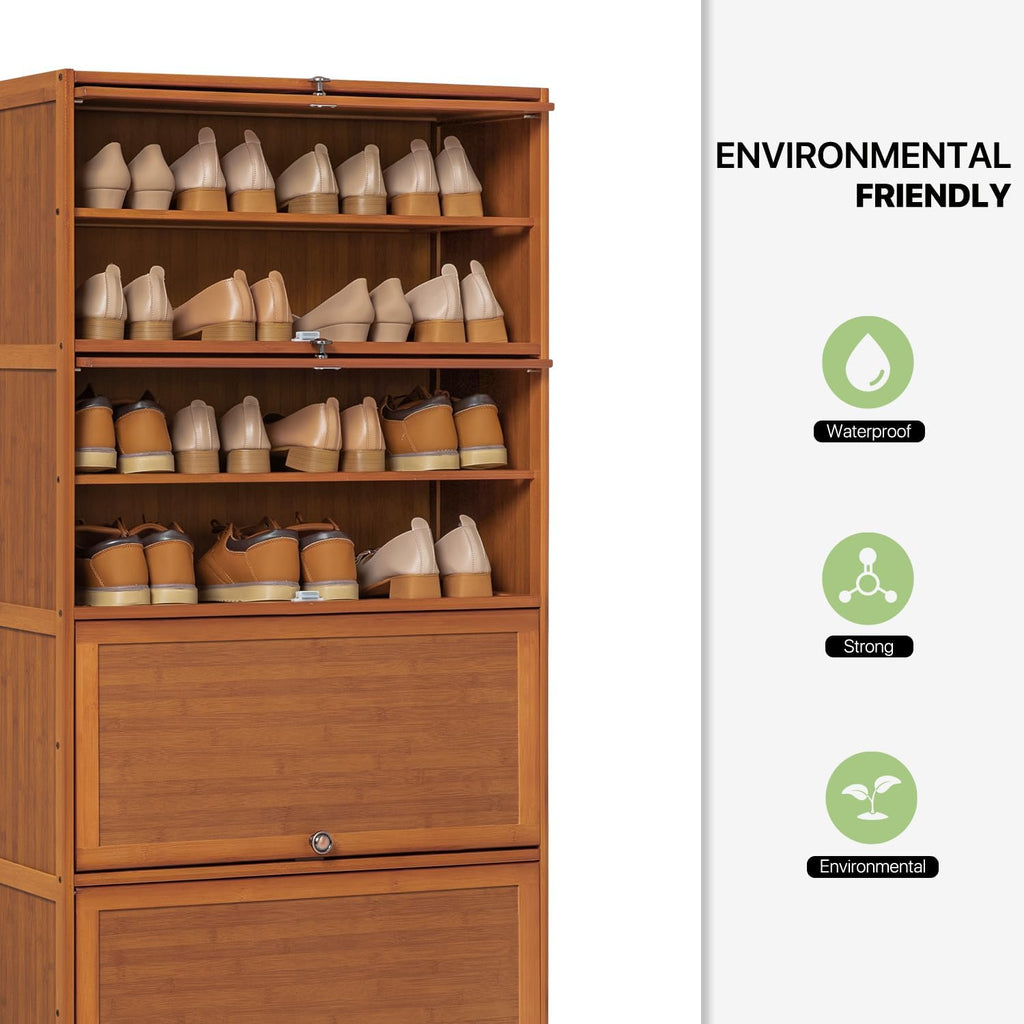 Bamboo 8 Tier Freestanding Shoe Storage Cabinet with Flip Doors P9230