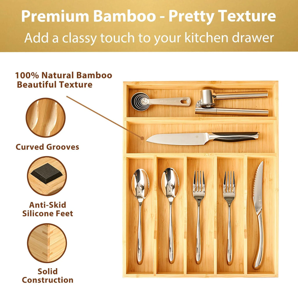 Bamboo Kitchen Organizer 7-Slot Utensil Tray for Drawers I250757