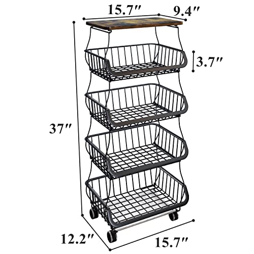 Fruit Basket for Kitchen with Wood Top 5 Tier, Stackable Storage Cart with Wheels, White R5884