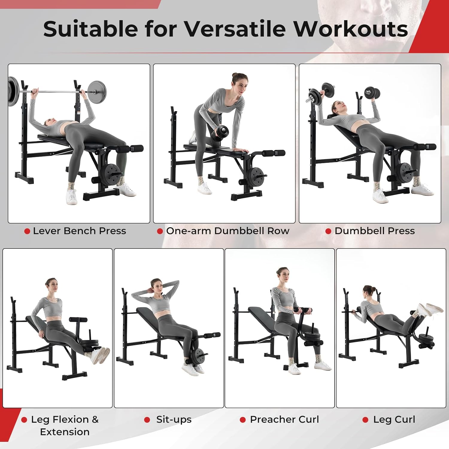 Adjustable Weight Bench with Squat Racks, Leg Extension & Leg Curl for Home Gym I38285
