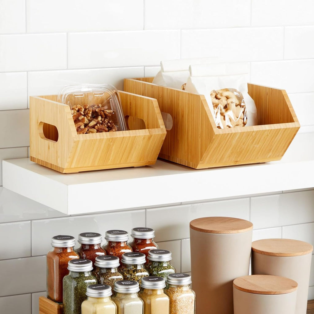 2 Pack Stackable Bamboo Storage Bins for Kitchen Pantry P726