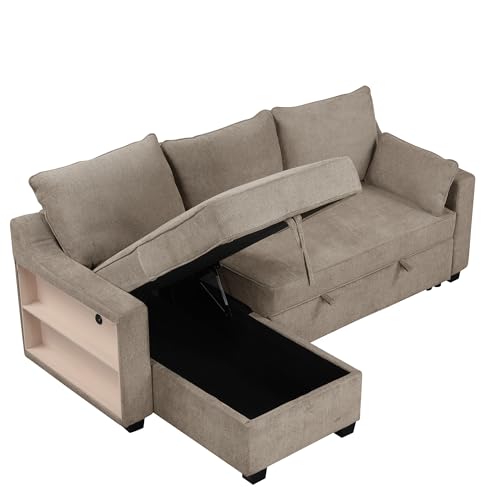 Pull Out Sleeper Sofa Bed with Storage Chaise, L-Shaped, Light Brown G87880