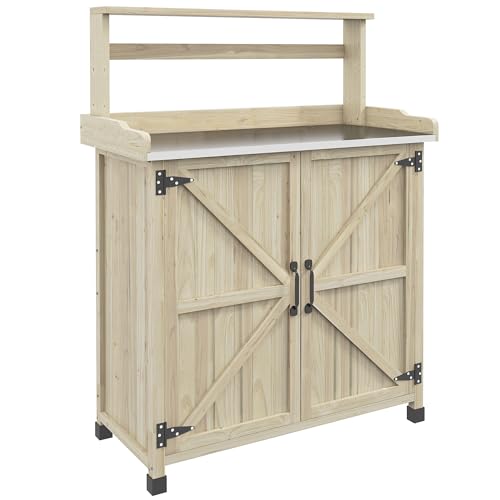 Farmhouse Outdoor Wooden Potting Table with 2 Door Cabinets Garden Workbench with Galvanized Table Top and 2 Shelves Outdoor Potting Bench for Patio, Lawn, Yard or Garden (Gray)