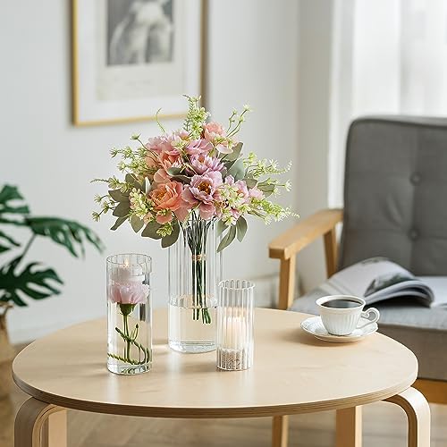 Ribbed Hurricane Candle Holders - Set of 6 Cylinder Glass for Pillar Candles E48189