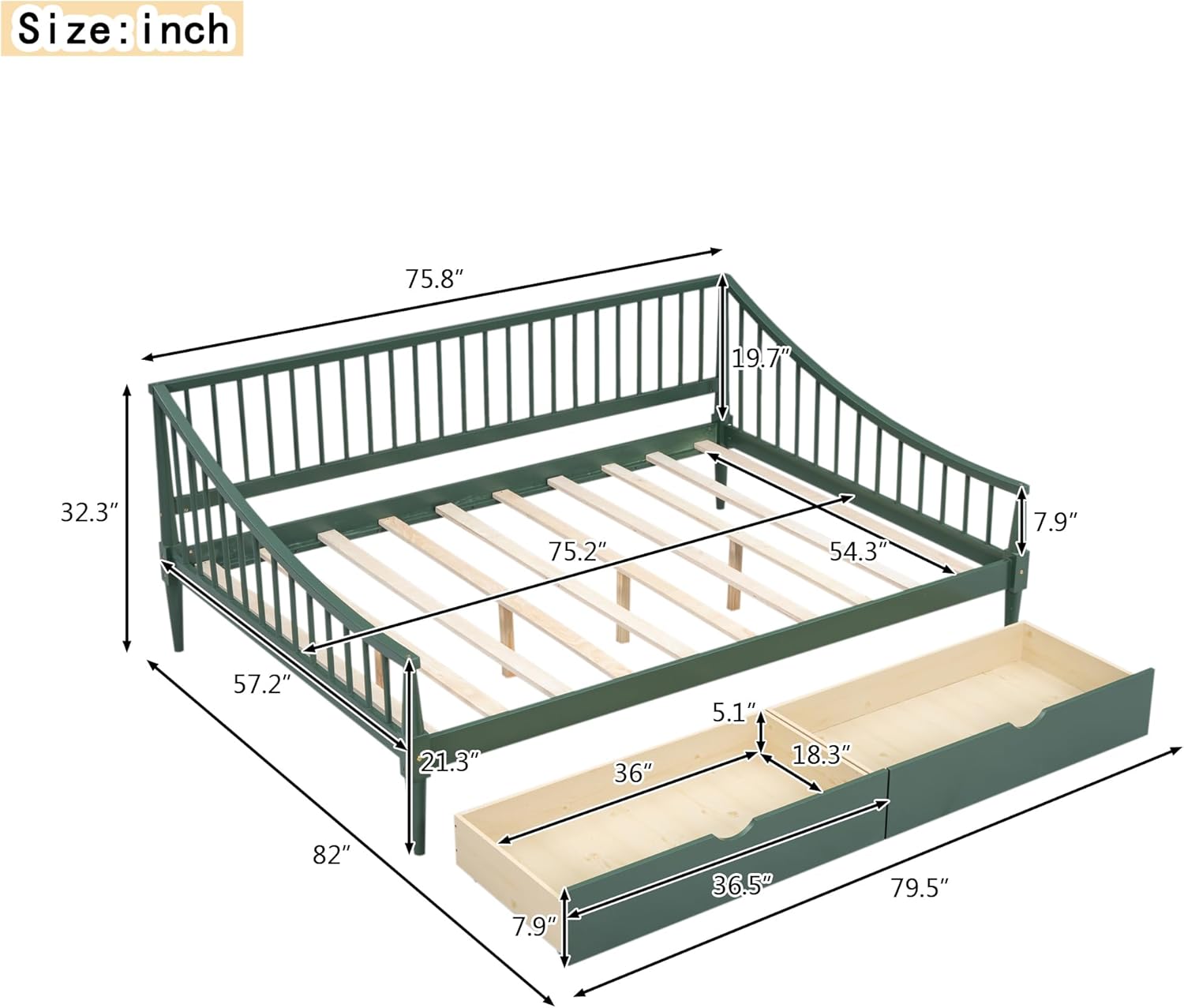 Daybed with Two Drawers, Solid Wood Frame, Easy to Assemble G2854