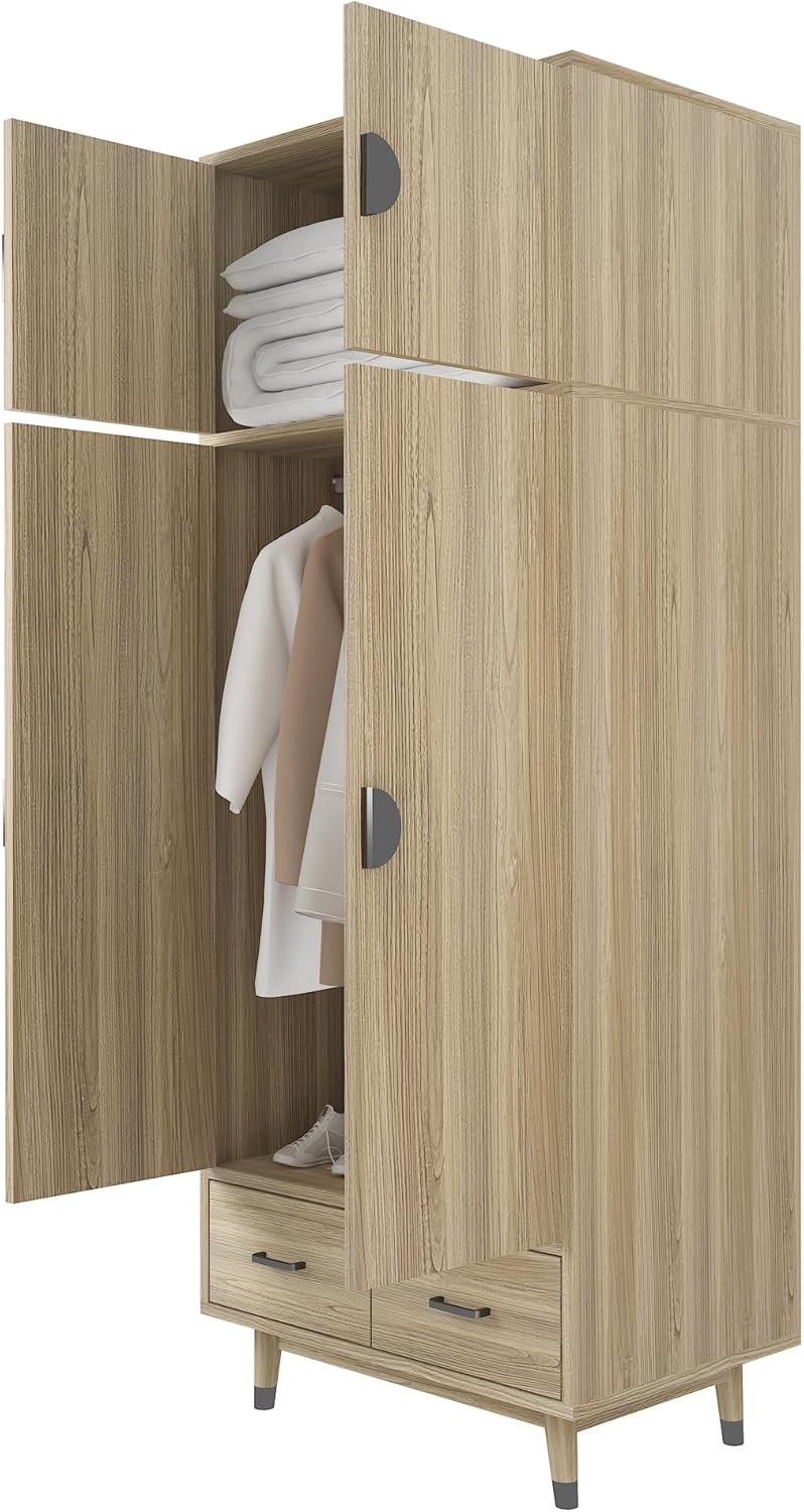2-Door Wood Storage Cabinet with Drawers and Hanging Rod R41287