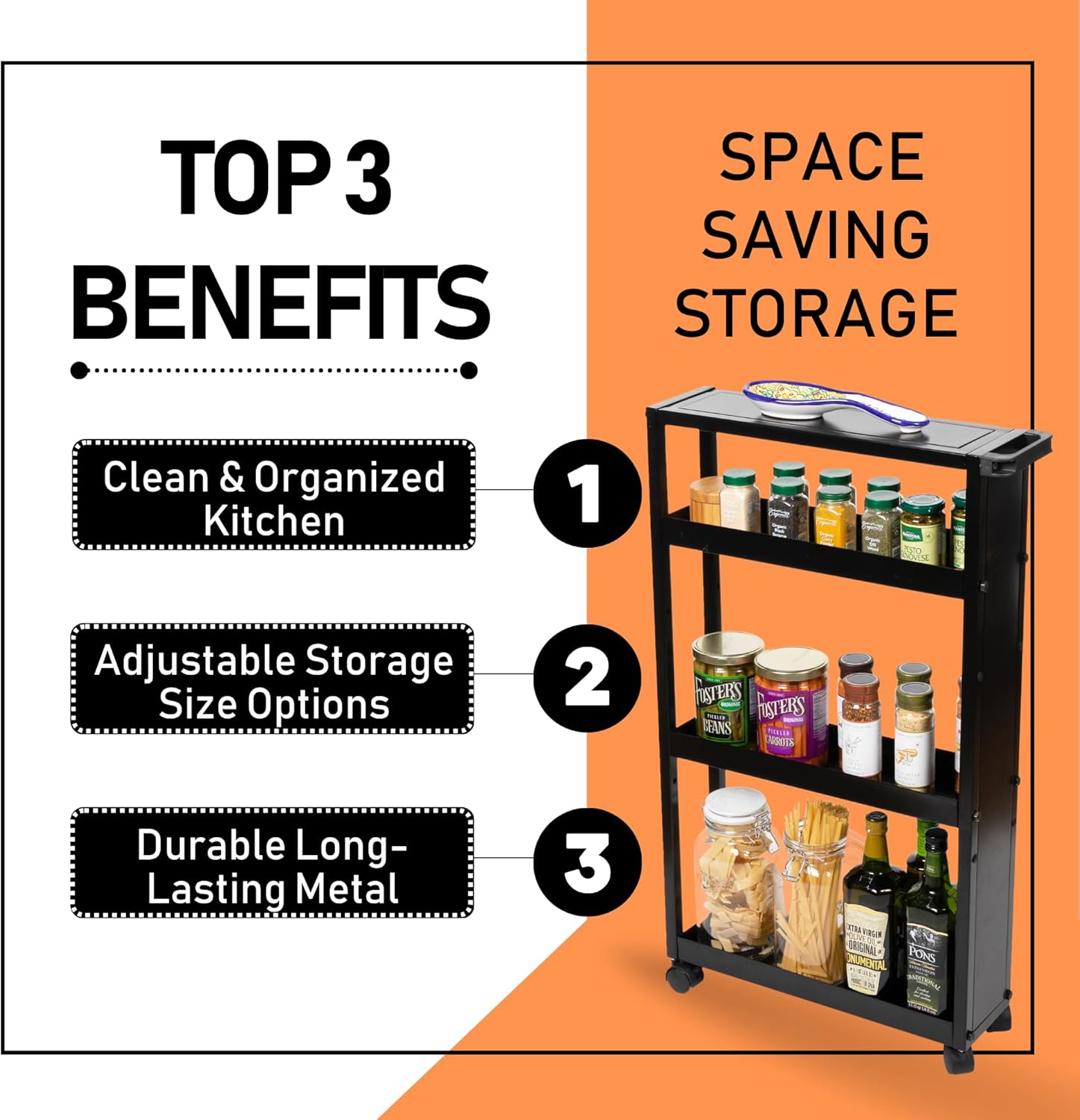 Narrow 4-Tier Rolling Storage Cart with Wheels and Adjustable Shelving W146333