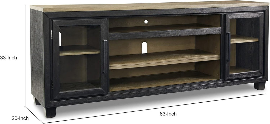 83 Inch TV Entertainment Media Console, 2 Door, Wood, Glass, Black and Brown M28354