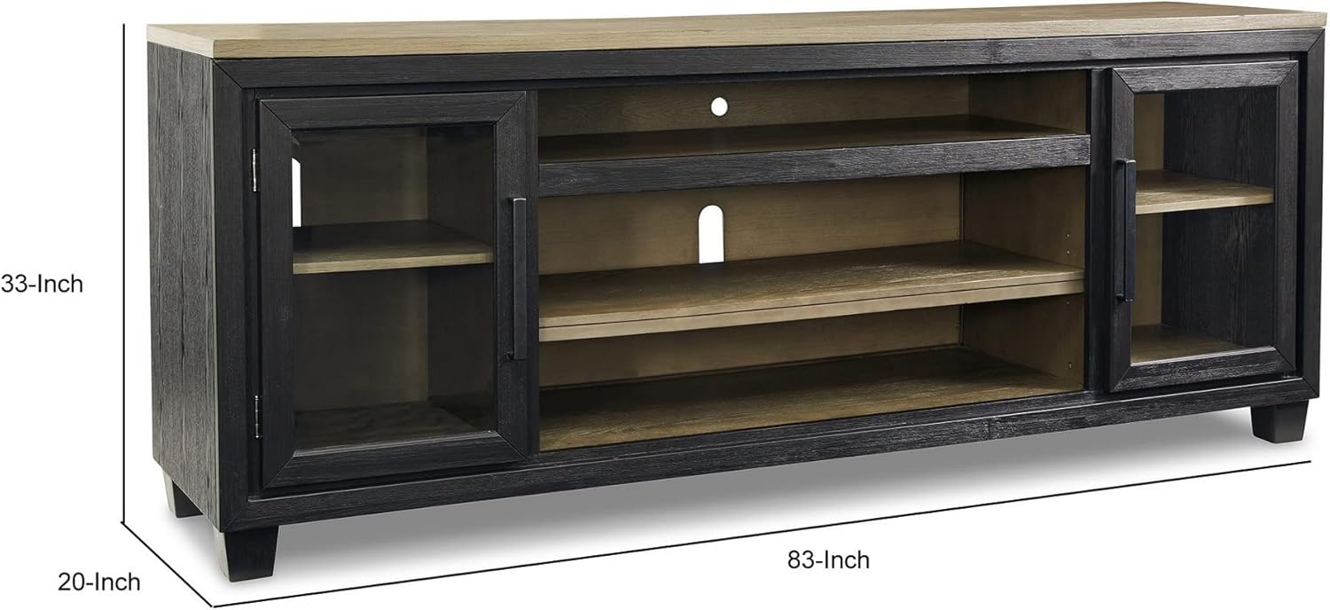 83 Inch TV Entertainment Media Console, 2 Door, Wood, Glass, Black and Brown M28354