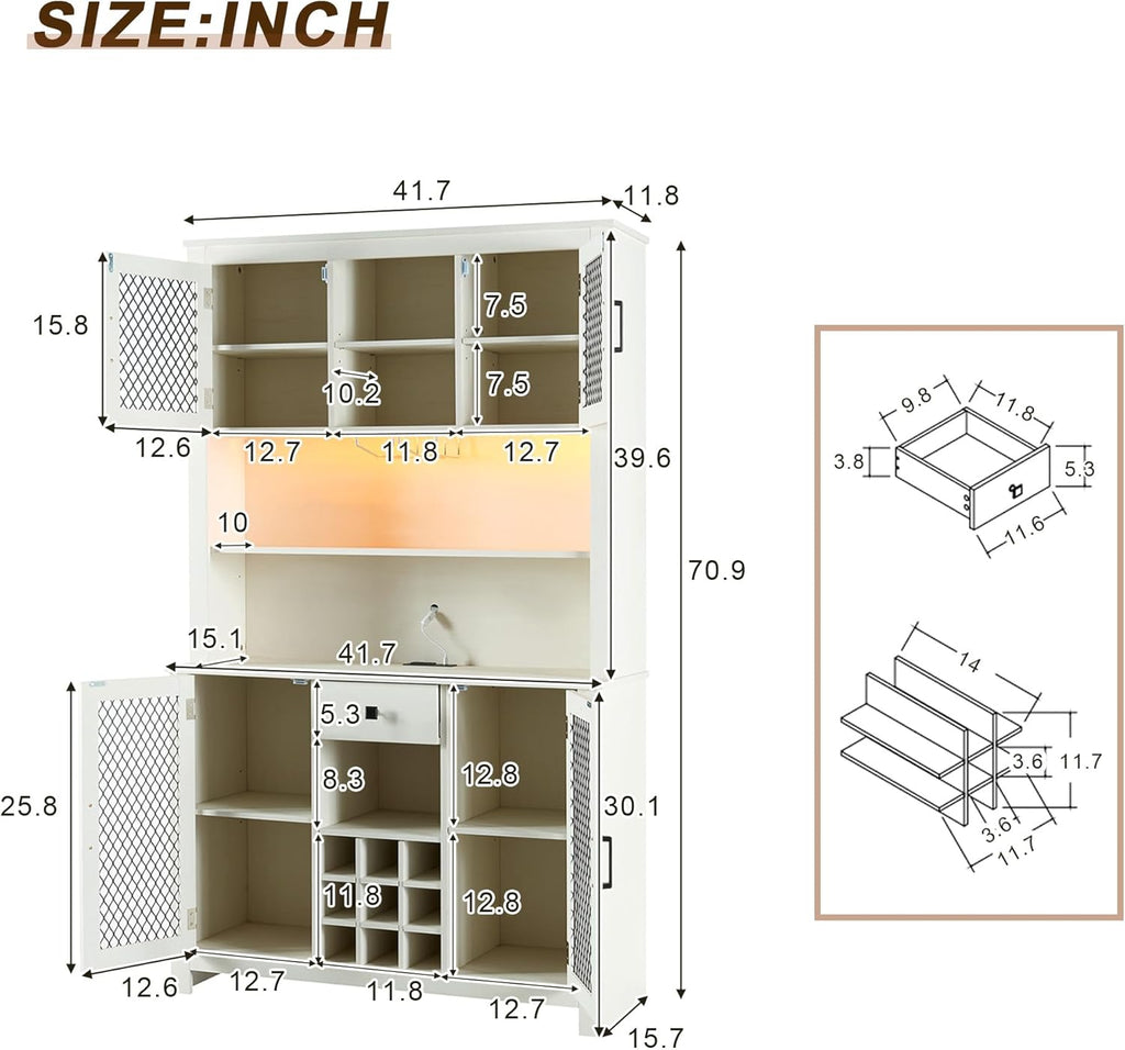 70" Rustic Sideboard Buffet with LED, Outlets and Wine Rack X99871