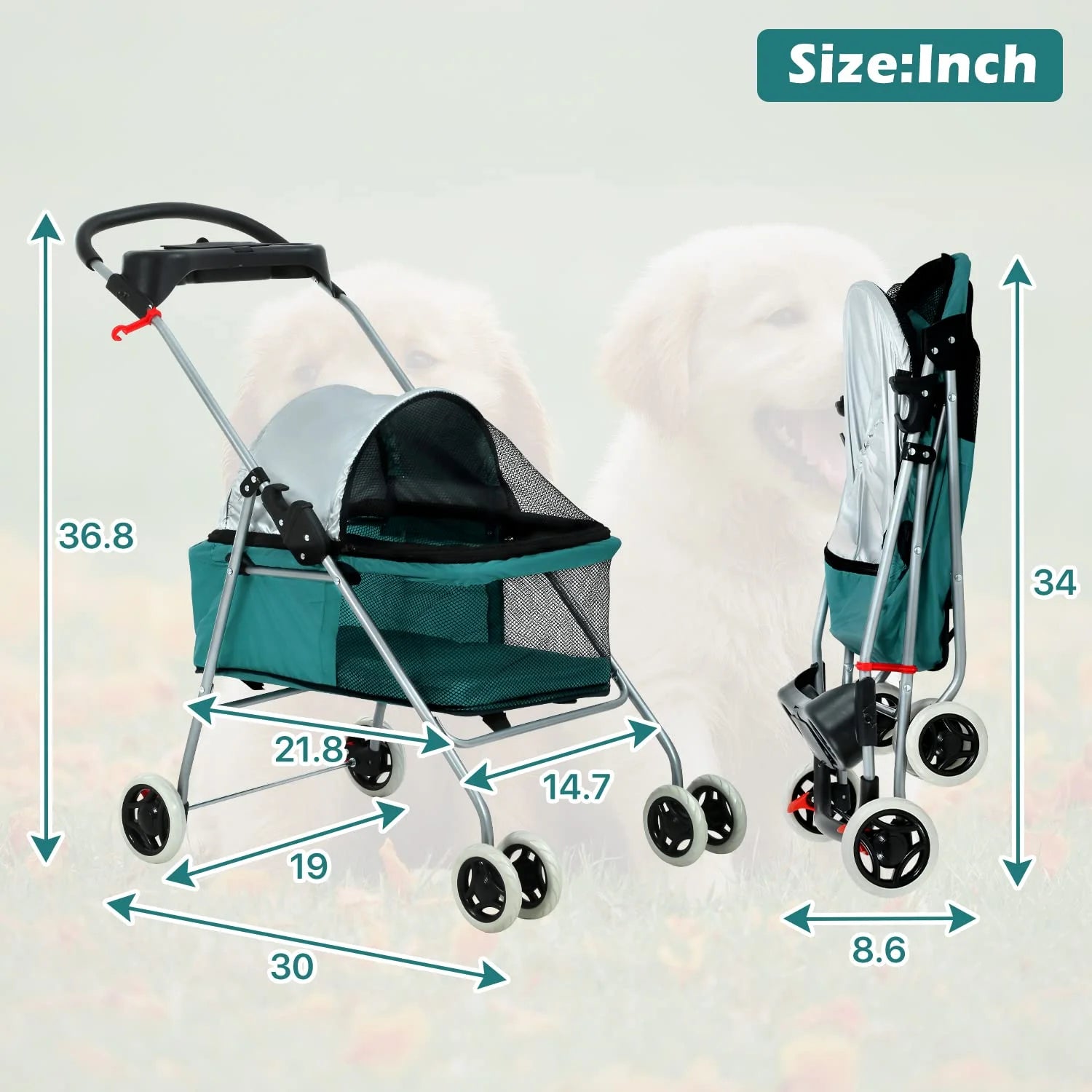 Folding 4-Wheel Dog Stroller with Cup Holders, Teal M49429