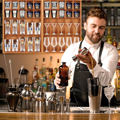 Wall-Mounted Shot Glass Display Case, Wood Holder for 30 Glasses, Black E18118