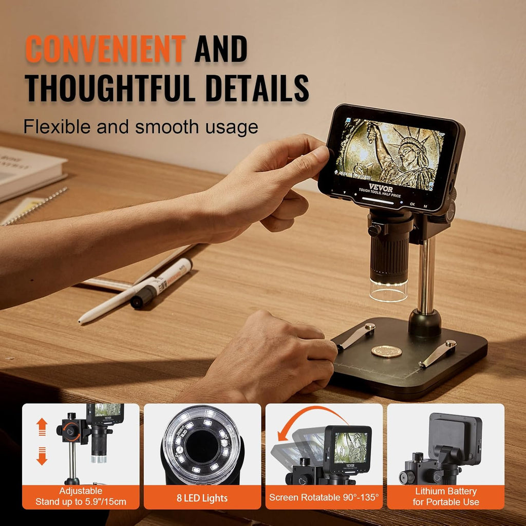LCD Digital Microscope 4.3" IPS Screen 50X-1000X with 8 LED Lights W654498