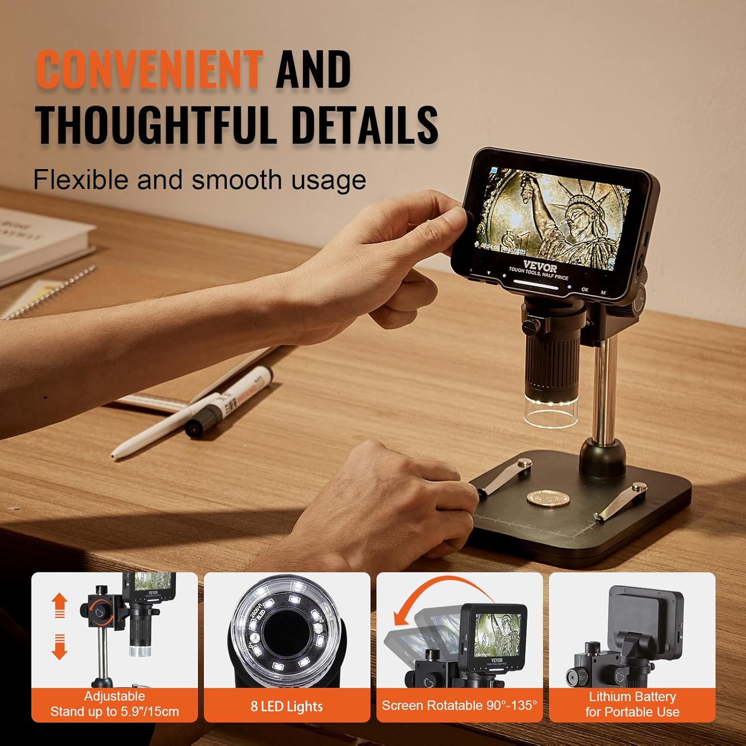LCD Digital Microscope 4.3" IPS Screen 50X-1000X with 8 LED Lights W654498