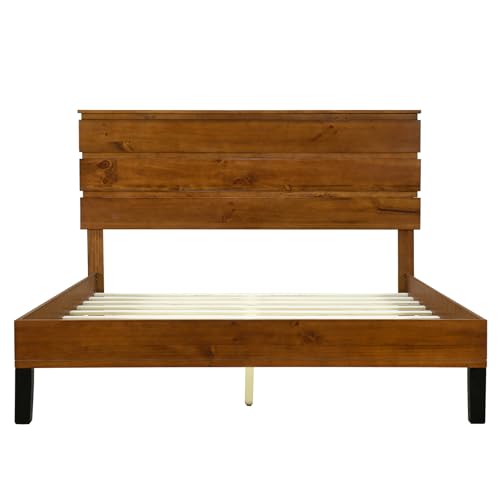 Full Size Bed Frame with Tall Headboard, Wood Platform Bed with Slats Support G6751