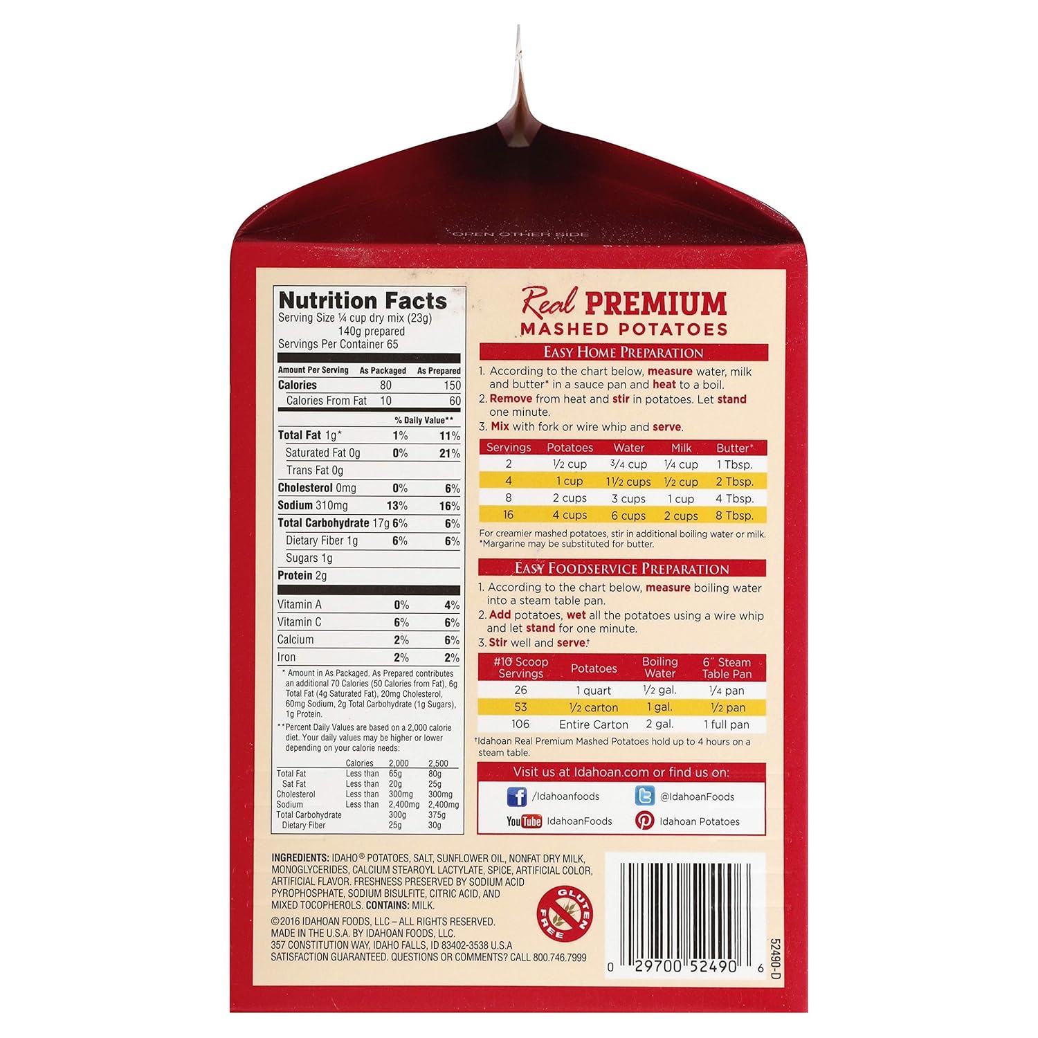 Mashed Potatoes, Gluten-Free, 3.25lb Carton R4324