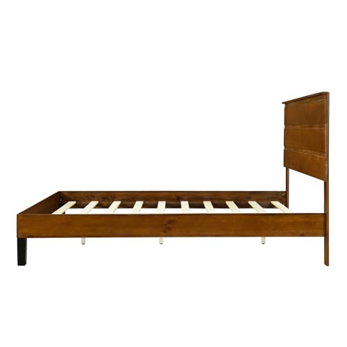 Full Size Bed Frame with Tall Headboard, Wood Platform Bed with Slats Support G6751