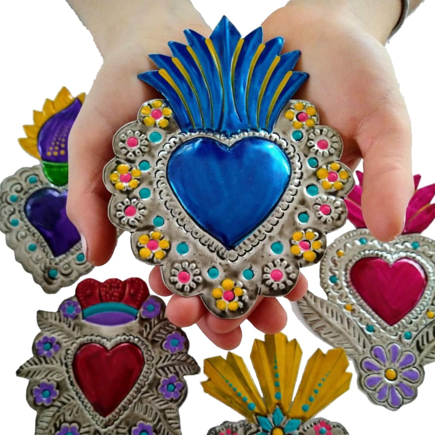 Mexican Tin Hearts 5 Pieces Wall Decor, Hand Painted Metal Charms X21969