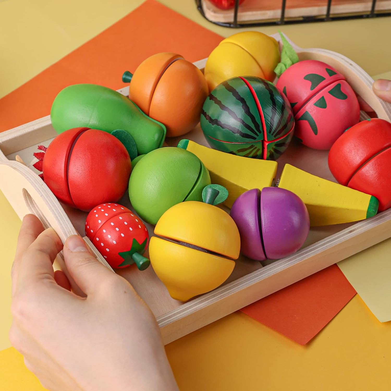 Wooden Play Food Set for Kids Kitchen with Cutting Fruits and Tray G560