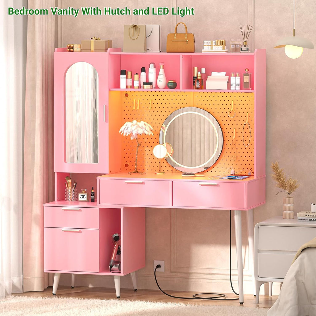 Vanity Desk with Mirror, LED Light & Charging Station, 48 Inch E133792
