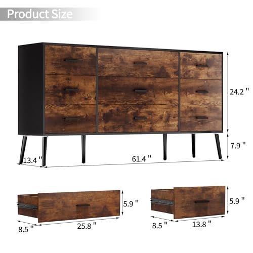 9 Drawer Dresser for Bedroom, White with Wooden Feet K8662
